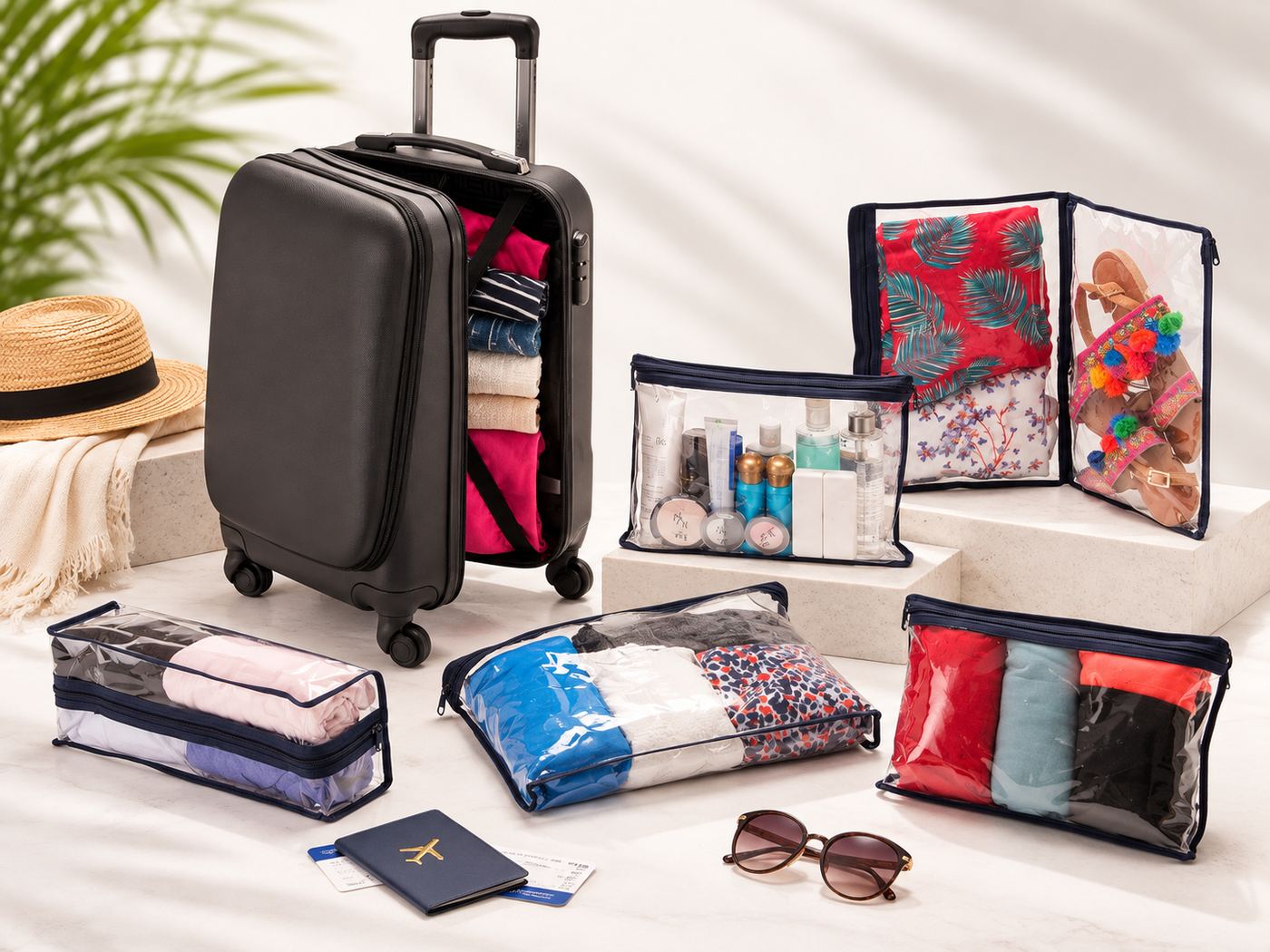 Organización de viaje con maleta y accesorios