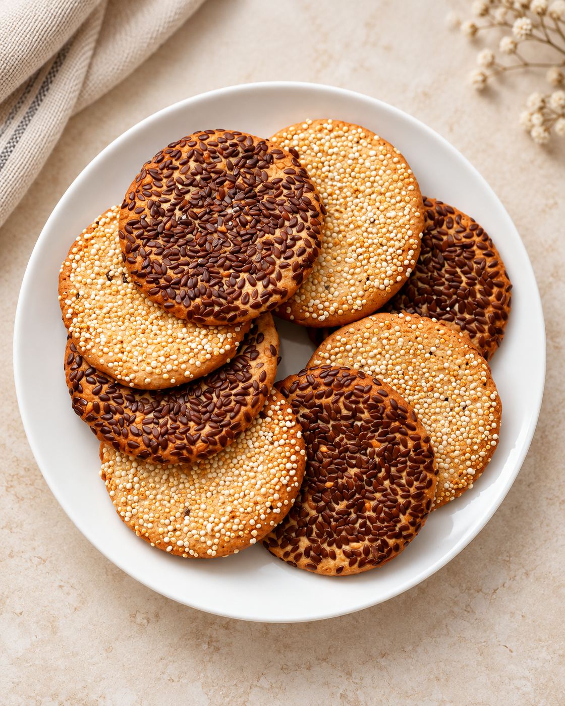 Galletas crujientes de semillas sobre cerámica blanca