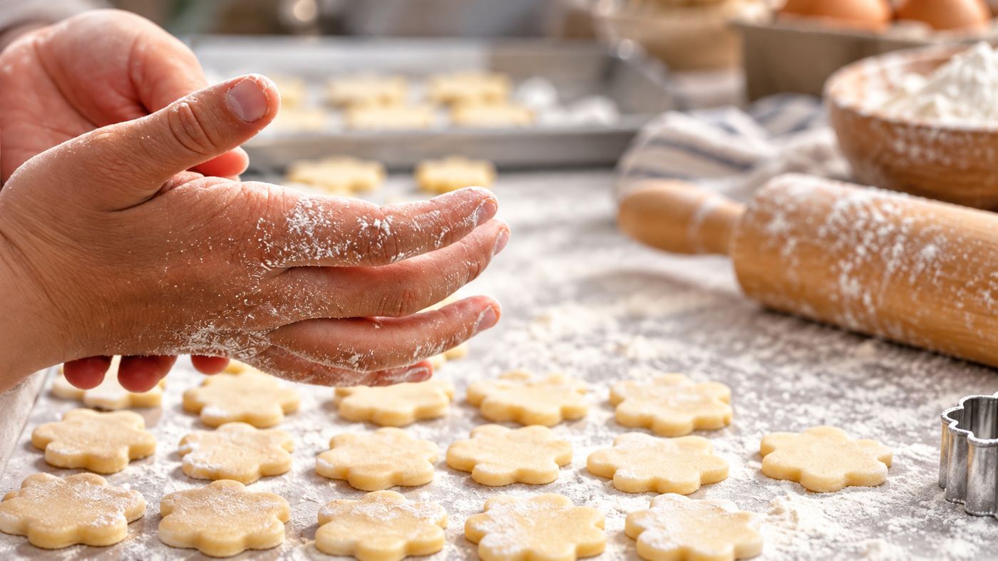 Manos cubiertas de harina preparando galletas con forma de flor en el taller de panadería CONFE